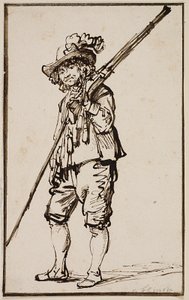 En stående soldat med en muskett over skulderen