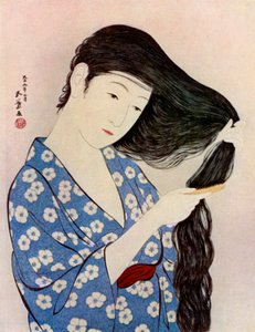 En japansk kvinne som grer håret, 1920 1930.