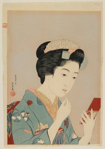 Woman Applying Lip Rouge, Taisho-tiden, februar 1920 (farget treblokktrykk)
