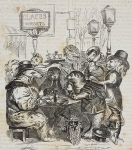 Dyr som sitter i iskrembutikk, litografi av Giovanni Mariani etter karikatur av Jean-Jacques Grandville (1803-1847) fra Poliorama Pittoresco, n 24, 21. januar av Grandville