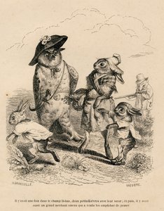 To små harer med storesøster stoppet ved en ugle på en åker. En jaktrev står bak dem. Miniatyrbilder illustrert av JJ Granville. Gravering signert Breviere i delen "Story of a Hare" skrevet av PJ Stahl i av Grandville