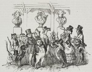 Utgang fra teater, karikatur av Jean-Jacques Grandville (1803-1847), litografi av Giovanni Mariani fra Poliorama Pittoresco, n 39, 7. mai av Grandville