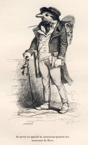 Generaladvokaten for spurvene i Paris. Vignetter illustrert av JJ Granville. Gravering signert Caque i delen med tittelen "Voyage d
