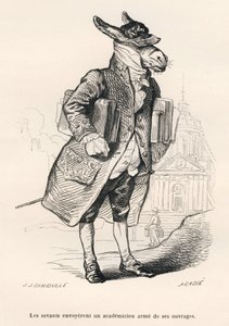 En akademiker med ansvar for bøker. Miniatyrbilder illustrert av JJ Granville. Gravering signert Caque i delen med tittelen "Guide-esel for bruk av dyr som ønsker å oppnå heder" skrevet av Honore De Balzac i "Scener av privat og offentlig liv av Grandville