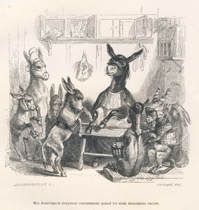 Esler på skolen. Miniatyrbilder illustrert av JJ Granville. Gravering signert Caque i delen med tittelen "Guide-esel for bruk av dyr som ønsker å oppnå heder" skrevet av Honore De Balzac i "Scener fra dyrenes private og offentlige liv". Paris av Grandville