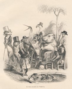Dyr i elegante antrekk går rundt i Tuileriene. Miniatyrbilder illustrert av JJ Granville. Gravering signert Andrew, Best og Leloir i delen "History of a Hare" skrevet av PJ Stahl i "Scener fra dyrenes private og offentlige liv". Vedde av Grandville