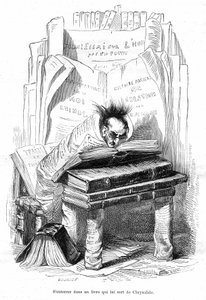Tegneserie: Chrysalide av en lærd begravd i bøkene til et bibliotek - Grandville-gravering, hentet fra boken «Dyrs private og offentlige liv (Les animaux malt av dem memes)», Hetzel-utgave 1867 s. 563 - Kapittel med tittelen Tabletter fra G.