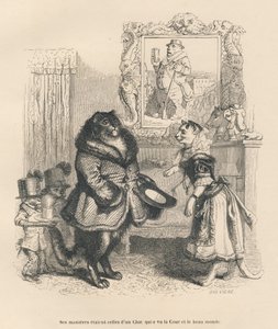 Hofkatt som hilser på en ung hunnkatt. Miniatyrbilder illustrert av JJ Granville. Gravering signert Breviere i delen med tittelen "Court pains of an English cat" skrevet av Honore de Balzac i "Scener fra dyrenes private og offentlige liv". Paris, J av Grandville