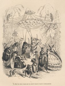 Konsert av insekter på et ball. Miniatyrbilder illustrert av JJ Granville. Gravering signert Godard i delen med tittelen "The adventures of a butterfly" skrevet av PJ Stahl i "Scener fra dyrenes private og offentlige liv". Paris, J. Hetzel og Paulin av Grandville