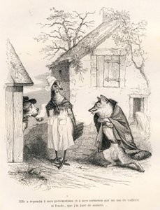 Samtale mellom en hund, en høne og en rev. Vignetter illustrert av JJ Granville. Gravering signert Godard i delen med tittelen "En rev fanget i en felle" skrevet av Charles Nodier i "Scener av dyrenes private og offentlige liv". Paris, J.H av Grandville