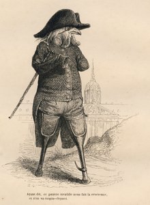 Hane ugyldig foran hotel des invalides i Paris. Miniatyrbilder illustrert av JJ Granville. Gravering signert Andrew, Best og Leloir i delen med tittelen "De medisinske dyrene" skrevet av Pierre Bernard i "Scener fra dyrenes private og offentlige liv". av Grandville