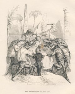 Krokodiller rundt et bord i Egypt. Miniatyrbilder illustrert av JJ Granville. Gravering signert Andrew, Best og Leloir i delen med tittelen "Memories of a crocodile" skrevet av Emile de La Bedolliere i "Scener fra dyrenes private og offentlige liv". av Grandville