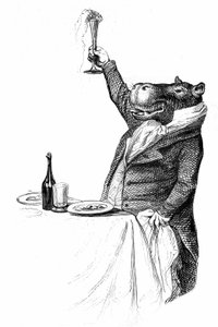 Detalj av en gravering av Grandville, hentet fra boken Privat og offentlig liv hos dyr (Les animaux ints par eux memes), utgave Hetzel 1867 - Hippotamus verdslig ved et bord hever glasset sitt og bærer en skål.