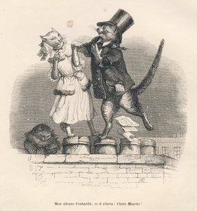 To katter som forfører hverandre på et tak. Miniatyrbilder illustrert av JJ Granville. Gravering signert Andrew, Best og Leloir i delen med tittelen "Court pains of an English cat" skrevet av Honore de Balzac i "Scener fra dyrenes private og offentlige liv av Grandville