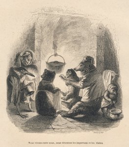 To besøkende kommer for å irritere bjørnefamilien som sitter foran peisen der en gryte henges ved et stativ. Miniatyrbilder illustrert av JJ Granville. Gravering signert Breviere i delen med tittelen "L'ours ou Lettre av Grandville