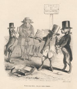 Duell i Bois de Boulogne. Miniatyrbilder illustrert av JJ Granville. Gravering signert Breviere i delen "Story of a hase" skrevet av PJ Stahl i "Scener fra dyrenes private og offentlige liv". Paris, J. Hetzel og Paulin av Grandville