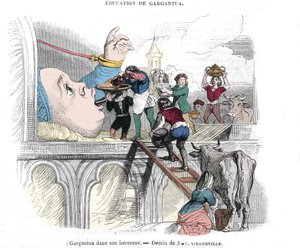 Gargantua-karakteren til romanene av Francois Rabelais (1483-1553), fransk forfatter: "" Utdannelsen til Gargantua""" Gargantua i vuggen hans. Illustrasjon av Gerard Grandville (1803-1847) 1800-tallet av Grandville