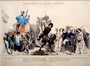 Flott løp til det akademiske klokketårnet. Forfatterne Alfred de Vigny (1797-1863), Eugene Sue (1804-1857), Alexandre Dumas (1802-1870) og Honore de Balzac (1799-1850) er anerkjent. Gravering av Gerard Grandville (1803-1847) av Grandville