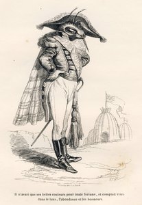 Han hadde bare sine vakre farger for enhver formue og regnet med å leve i luksus, overflod og æresbevisninger. Vignetter illustrert av JJ Granville. Gravering signert Andrew, Best og Leloir i delen med tittelen "Voyage d'un moineau de Paris"  av Grandville