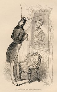 Insekt ser på sin menneskelige refleksjon i speilet). Miniatyrbilder illustrert av JJ Granville. Gravering signert Andrew, Best og Leloir i delen med tittelen "The adventures of a butterfly" skrevet av PJ Stahl i "Scener fra dyrs private og offentlige liv av Grandville