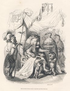 Unge løveunger mottar løvekongens velsignelse. Vignetter illustrert av JJ Granville. Gravering signert Breviere i delen med tittelen "Voyage of an African lion in Paris" skrevet av Honore de Balzac i "Scenes de la vie privee et publique des av Grandville