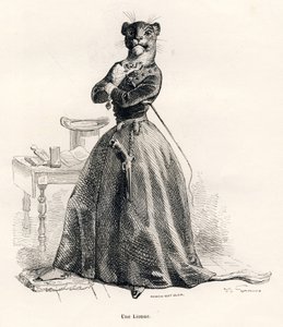 Løvinne med en pistol og en pisk. Vignetter illustrert av JJ Granville. Gravering signert Andrew, Best og Leloir i delen med tittelen "Voyage of an African lion in Paris" skrevet av Honore de Balzac i "Scener av dyrenes private og offentlige liv" av Grandville