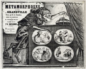 Litteratur. The Daily Metamorphosis, av karikaturtegneren Jean Jacques Grandville. Plakat, Frankrike av Grandville