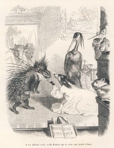 Opera med et piggsvin, en hund og en hegre på scenen. Vignetter illustrert av JJ Granville. Gravering signert Godard i delen med tittelen "Den første pistolserien" skrevet av Jules Janin i "Scener av dyrenes private og offentlige liv". av Grandville