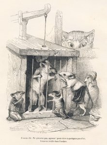 Felle: Katt som ser etter mus som har kommet for å sørge over den som er tatt til fange. Miniatyrbilder illustrert av JJ Granville. Gravering signert Andrew, Best og Leloir i delen med tittelen "The philosopher rat" skrevet av Edouard Lemoine i "Scener av  av Grandville