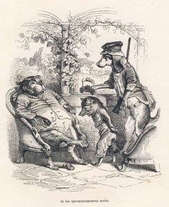 Fox stoppet av en hund. Miniatyrbilder illustrert av JJ Granville. Gravering signert Godard i delen med tittelen "En rev fanget" skrevet av Charles Nodier i "Scener fra dyrenes private og offentlige liv". Paris, J. Hetzel og Paulin av Grandville