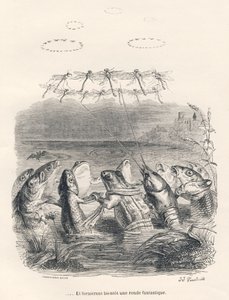Runde med vanndyr og øyenstikkere. Miniatyrbilder illustrert av JJ Granville. Gravering signert Andrew, Best og Leloir i delen med tittelen "Memories of an old crow" skrevet av PJ Stahl i "Scener fra dyrenes private og offentlige liv".  av Grandville