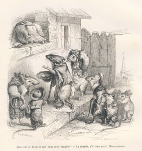Mus gjør veldedighet til en gris. Vignetter illustrert av JJ Granville. Gravering signert Andrew, Best og Leloir i delen med tittelen "The philosopher rat" skrevet av Edouard Lemoine i "Scenes of the private and public life of animals". Paris, J. Hetz av Grandville