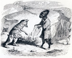 Den syke løven og reven (Le lion malade et le renard) - Fabler av La Fontaine av Grandville