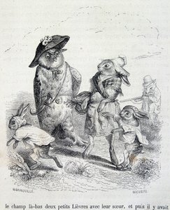 De to små harene, deres søster og uglen - ved Grandville av Grandville
