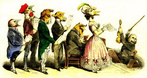 Vokalkonserten - Kor: sangere med dyrehode og kordirigent som representerer ape - litografi av Grandville (Jean Ignace Isidore Gérard 1808-1847) fra boken «Les Metamorphoses du Jour» 1828.