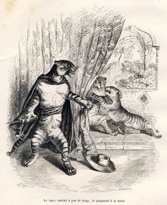 Tiger kommer inn på scenen, dolken i hånden. Vignetter illustrert av JJ Granville. Gravering signert Godard i delen med tittelen "Den første pistolserien" skrevet av Jules Janin i "Scener av dyrenes private og offentlige liv". Paris, J.H av Grandville