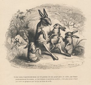Dere kaninbarn som hører på deres skadde bestefar fortelle historier. Miniatyrbilder illustrert av JJ Granville. Gravering signert Breviere i delen "Story of a hase" skrevet av PJ Stahl i "Scener fra dyrenes private og offentlige liv". Paris av Grandville