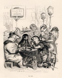 En kafé som besøkes av dyr av alle slag. Miniatyrbilder illustrert av JJ Granville. Gravering signert Godard i delen med tittelen "Journey of an African lion to Paris" skrevet av Honore de Balzac i "Scener fra dyrenes private og offentlige liv". P av Grandville