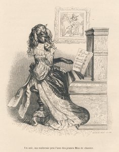 En hund som synger ved pianoet. Miniatyrbilder illustrert av JJ Granville. Gravering signert Andrew, Best og Leloir i delen med tittelen "Court pains of an English cat" skrevet av Honore de Balzac i "Scener fra dyrenes private og offentlige liv". Paris av Grandville