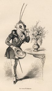 En gammel sommerfugl ser på tiden med brillene. Miniatyrbilder illustrert av JJ Granville. Gravering signert Breviere i delen med tittelen "The adventures of a butterfly" skrevet av PJ Stahl i "Scener fra dyrenes private og offentlige liv". Paris, J. av Grandville