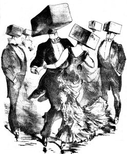 Unsignierte Illustration für die Partitur eines Werkes von Emile Fischer mit dem Titel „Polka des hamteaux“, Ende des 19. - Anfang des 20. Jahrhunderts - diese anonyme Komposition erinnert sowohl an die Erfindungen des Vorläufers Grandville als auch an die von Grandville (1803-47)