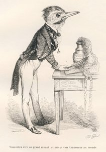 Du kommer til å bli en stor lærd, og jeg kommer til å kunngjøre det til verden. Vignetter illustrert av JJ Granville. Gravering signert Tamisier i delen med tittelen "Guide-esel for bruk av dyr som ønsker å oppnå heder" skrevet av Honore De Balzac i av Grandville