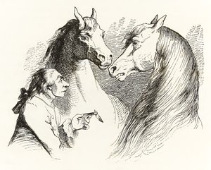 Gulliver samtaler med snakkende hester i Houyhnhnms Land fra Gullivers Travels av Jonathan Swift av Grandville