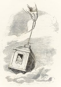 Gulliver unnslipper Brobdingnag når boksen hans blir grepet av en ørn som slipper den i havet, fra Gullivers Travels av Jonathan Swift av Grandville