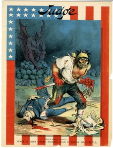 War is Hell - Sherman, Peace in Cuba under Spanish Rule is Worse Than Hell, illustrasjon fra Judge, 30. april, 1898 av Grant E. Hamilton