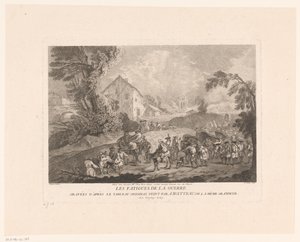 Landskap med en gruppe soldater som marsjerer sammen Les Fatigues de la Guerre (tittel på objekt) Trykk etter Antoine Watteau (serietittel) L