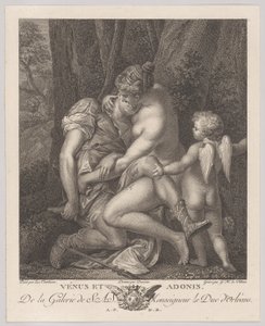 Venus sørger over Adonis, satt under et tre og omfavnet ham, med Amor til høyre, ca. 1786. av Gérard René Le Vilain