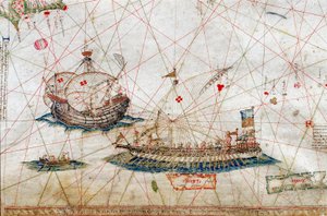 Detalj av høye masteskip fra Nautical Chart av Grazioso Benincasa (Rot.3), i universitetsbiblioteket i Bologna.