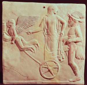 Afrodite og Hermes kjører på en vogn trukket av Eros og Psyche, 470 f.Kr. (terrakotta) av Greek