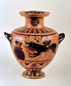 Arkaisk jonisk hydria som viser Herakles som bringer Cerberus til Eurystheus, fra Cerveteri, ca. 530 f.Kr. (keramikk) av Greek